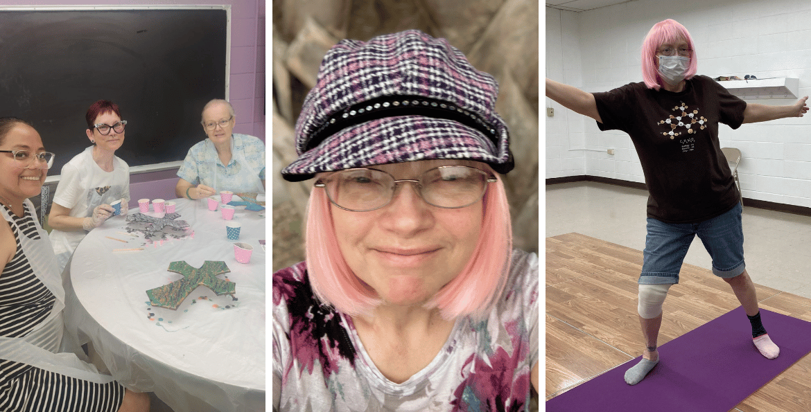 Ruthe participating in ThriveWell yoga class during recovery.